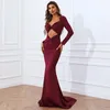 Sıradan Elbiseler 2022 Kesme Uzun Kollu Bodycon Maxi Elbise Vestidos Kadın Zarif Şarap Kırmızı Partisi Seksi Hollow Club Kıyafetleri