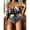 Underhållning Sports Body Swimone 2023 One Piece badkläder Kvinnor Tryck Ruffle Swimsuit Bodysuit Monokini Kvinnlig vadderad baddräkt1111071