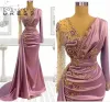 Różowa syrena wieczorna sukienki na studniówki warstwy cekinowe Sheer Long Sleeve V Szyjka przyjęcia Suknie z plisami Paleśnięcia vestidos