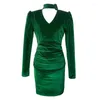الفساتين غير الرسمية الخريف الشتاء خمر كلاسيكي مثير للنساء 2022 الأخضر O-Neck Hollow Folds عالية الخصر Mini Femme مساء الحزب