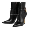 high heel new Boot pattern Gold lock key decoration side zip shoes pointed Toe stiletto heel booties Black calf leather Fashion Boot Women luxury designers