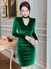 Casual Dresses Autumn Winter Vintage Classic Sexy For Women 2022 Green O-Neck Hollow Folds High midje Mini Femme Evening Party Vestidos