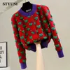 Damen-Strick-T-Shirts, Herz-Argyle-Diamanten, O-Ausschnitt, High Street Kawaii, gestrickte Damenpullover, lange Ärmel, Knöpfe, kurze Pullover, weibliche Strickjacken, T221012