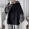 Men's Hoodies Sweatshirts LUCLESAM Fake Two Pieces Stitng Plaid Sleeve Hoodie Autumn New Fashion Loose Casual hooded shirt for men G221011