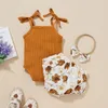 Clothing Sets Baby Girls 3Pcs Summer Outfits Sleeveless Self-Tie Strap Rib Knit Romper Bloomer Shorts Headband Set
