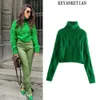 Women's Knits Tees KEYANKETIAN ZA Green Turtleneck Sweater Women's Fashion Ripped Knit Sweater Autumn Warm Street Wear Long Sleeve Pullover T221012