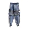 Calça masculina tendência costura de ferramentas de jeans masculino harém casual harém grande tamanho largo de hip-hop perneiras