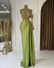 2023 Arabic Mermaid Split Prom Dresses Mint Green Beaded Sequined High Neck Evening Formal Party Second Reception Gowns