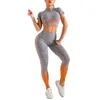 Active Sets Damen Atmungsaktiver Sportanzug Damen Mischfarbe Kurzarm Rundkragen Strickoberteile Hohe Taille Lange Hosen Set Yoga Wear