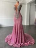 Luxe lange prom -jurken 2022 Sexy zeemeermin Sparkly Pink Pargin Black Girls Crystals Evening Formele Gala partyjurken Robe de Soiree Vestidos