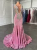 豪華な長いウエディングドレス2022セクシーな人魚粉のきらめくピンクのスパンコール黒い女の子クリスタルイブニングフォーマルガラパーティーガウン