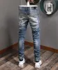 Mäns jeans stretch design denim cyklist 2021 för mens smala fit målade lapp trim bent cowboy byxor man