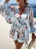 Women's Two Piece Pants Elegant Floral Print Loose Two Piece Suit Spring Sexy V-neck Tie-up Blouse and Shorts Set Summer Women Casual Long Sleeve Outfit T221012