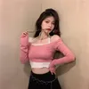 여자 T 셔츠 한국 스타일 오프 숄더 짧은 배꼽 섹시한 꽉 티셔츠 여성 가을 ​​2022 긴 슬리브 슬림 핑크 셔츠 INS 패션