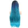 Heat Resistant Synthetic Hair Ombre Three Tone Color 1b/Blue/Sky Blue Long Box Braids Lace Front Wig for Black Women Fast Express Delivery