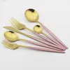 Dinnerware Sets 8Pcs Pink Gold Cutlery Set Knife Cake Fruit Fork Coffee Tea Long Handle Spoon Tableware Kitchen Stainless Steel