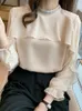 بلوزات نسائية صلبة من البيض بلوزة طويلة الأكمام وضعت رقبة رقبة 2022 خرافية لوتس لوتس تصميم أعلى السيدات Blusas de Mujer