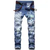 Erkekler Kotlar Erkekler Sokak Giyim Moda İnce Fit Streç 3D Kişilik Deseni Renk Basılı Denim Pantolon Düz Mavi Kovboy Pantolon