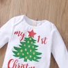Kläder sätter spädbarn baby flicka kostym set julgran tryck rund hals långärmad romper bowknot kjol pannband fot täcke 0-24 månader