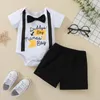 Kledingsets babyjongens tweedelige kleding set letters bedrukt patroon romper en massieve kleuren shorts zwart/ grijs/ marine