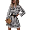 Casual Dresses 2022 Vintage Nature Free Chiffon Office Lady Fashion V-Neck Full Sleeve Women Short Straight Mini Dress