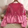 Femmes tricots doux col en V 3D fleur Cardigan Y2k vêtements 2022 automne mode coréenne rose Pull Femme Kawaii pull Sueter tricot manteau