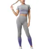 Active Sets Damen Atmungsaktiver Sportanzug Damen Mischfarbe Kurzarm Rundkragen Strickoberteile Hohe Taille Lange Hosen Set Yoga Wear