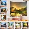 Tapestries Sunshine Forest Tapestry Morning Green Trees Woodland Grasses Misty Natural Landscape Wall Hanging For Living Room Bedroom Dorm