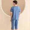 Erkek Pijama erkek Kafes Pijama Erkekler Için Rahat Pamuklu Pijama Setleri Yaz Kısa Kollu Pijama Elastik Bel Şort Ev Takım Elbise