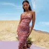 캐주얼 드레스 여성 섹시한 튜브 탑 인쇄 된 미디 주름 슬림 한 탄성 메쉬 드레스 소매점 지퍼 바디콘 파티 뒤에 2022 여름
