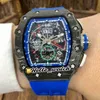 Luxury mens Mechanics Watch Wristwatches Flyback Big Date Top Black Carbon Fiber Rm11-04 Miyota Autoamtic Mechanical Skeleton Dial Men