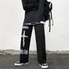 Calça feminina outono punk hippie perna larga feminina gótica harajuku streetwear anime street estilo shop gótico calças de impressão preta hip hop