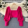 Women's Blouses Korean Versatile Square Collar Long Sleeve Shirt High Waist Off Navel Solid Color Short Top 2022 Spring Autumn