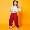 Stage Wear Girl's Hip Hop Vêtements Lâche Crop Tops Pantalon Cargo Rouge À Manches Courtes Hiphop Tenues Jazz Danse Performance Costumes BL5809