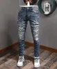 Mäns jeans stretch design denim cyklist 2021 för mens smala fit målade lapp trim bent cowboy byxor man