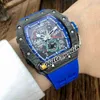 Luxury mens Mechanics Watch Wristwatches Flyback Big Date Top Black Carbon Fiber Rm11-04 Miyota Autoamtic Mechanical Skeleton Dial Men