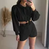 Women's Two Piece Pants Women Solid Two Piece Set Puff Sleeve Hooded Top Fashion Shorts Set Lace-Up Solid Two-Piece Sportswear Hoodie Outfit Mujer T221012