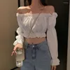 Women's Blouses Women Korean Sexy Off Shoulder Long Sleeve Solid White Shirts Elegant Ruffles Chiffon Blouse Summer Cropped Tops Tunic