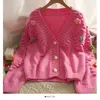 Femmes tricots doux col en V 3D fleur Cardigan Y2k vêtements 2022 automne mode coréenne rose Pull Femme Kawaii pull Sueter tricot manteau