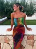 Casual Dresses Sexy Strapless Maxi Dress For Women Y2K Fashion Printed Slim Party Summer Mesh Sleeveless Beach Club Outfits 2022