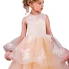 Abiti da ragazza di fiori con paillettes dorati con appliques illuse illusion Long Tutu Girls Drent Abito per bambini abiti per bambini per un servizio fotografico basso 403