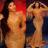 2022 아랍어 ASO EBI Mermaid Gold Prom Dresses Beaded Crystals 저녁 공식 파티 두 번째 리셉션 생일 약혼 가운 드레스 ZJ7070