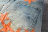 Heren jeans heren voor jongens rippen slanke fit skinny man broek oranje sterrenpleisters dragen motor splitsen splitsen rek cultus motorfiets trendy lang