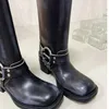 Boots Harness Belt Buckled cowhide leather Biker Knee Boots chunky heel zip Knight boots Fashion square toe Ankle for women luxury designer shoes factory footwear