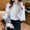 Women's Blouses Solid White Women Blouse Long Sleeve Stand Neck Patchwork 2022 Fairy Elegant Lotus Leaf Design Top Ladies Blusas De Mujer