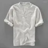メンズカジュアルシャツリネン刺繍シャツメンズ半袖夏のファッションメンズスタンドカラーカミゼタマスキュリナ3xl