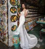 Moda z koralikami sukienki ślubne syreny Sheer Batau dekoltu ślubne suknie ślubne koronkowe zamiatanie pociągu plus size vestido de novia