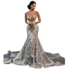 Crystal Sirène Vintage Robes de mariée luxueuse Deep V Neck Bridal Bridal Sans manches appliques robe en dentelle arabe Aso Ebi