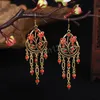 Rétro fleur rouge Style chinois boucles d'oreilles strass long gland boucles d'oreilles couleur or boucle d'oreille femme