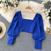 Women's Blouses Korean Versatile Square Collar Long Sleeve Shirt High Waist Off Navel Solid Color Short Top 2022 Spring Autumn